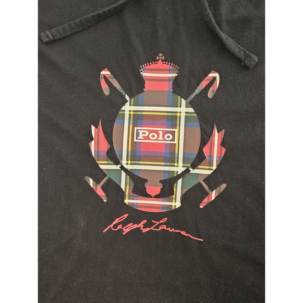 Polo Ralph Lauren Holiday Heritage Black W Plaid Logo Men's Small Hooded T-Shirt - Picture 2 of 6